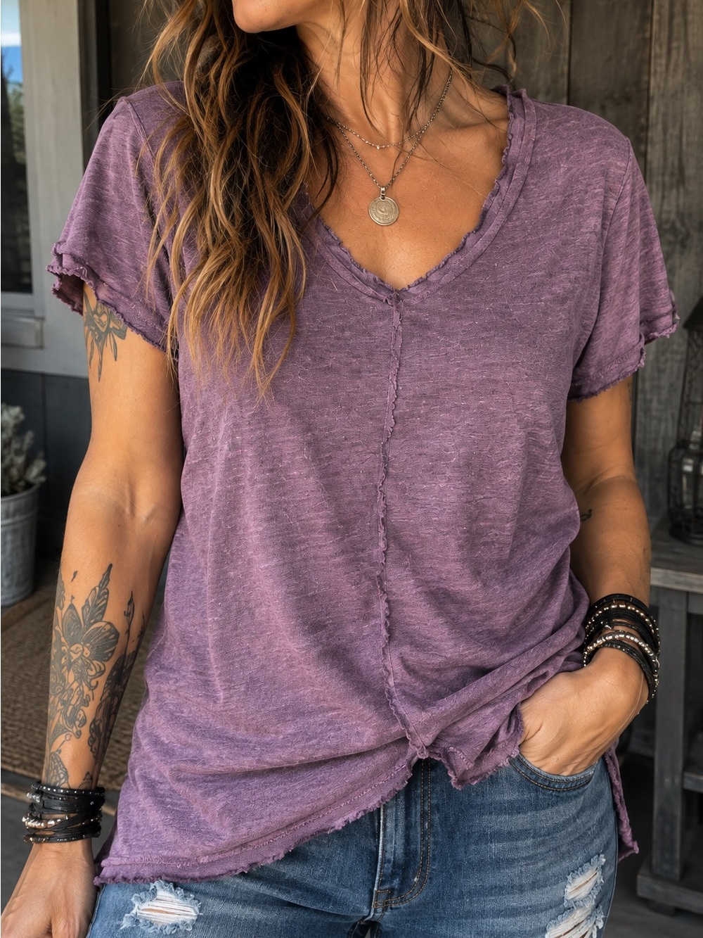 Project Social T Washed Hand Dyed Dusty Plum Raw Edge V Neck Tee Large